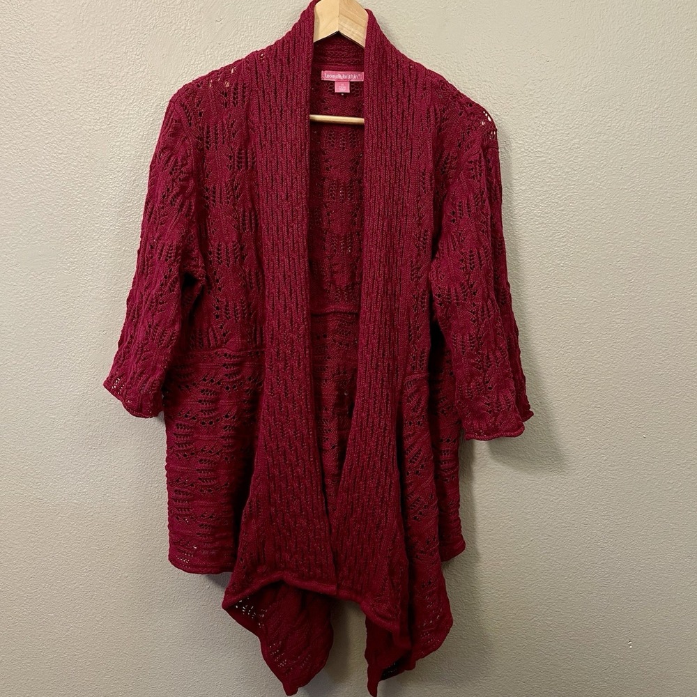 Woman Within‎ Asymmetric Open Knit Cardigan Short Sleeve Berry Boho Plus Sz 1X